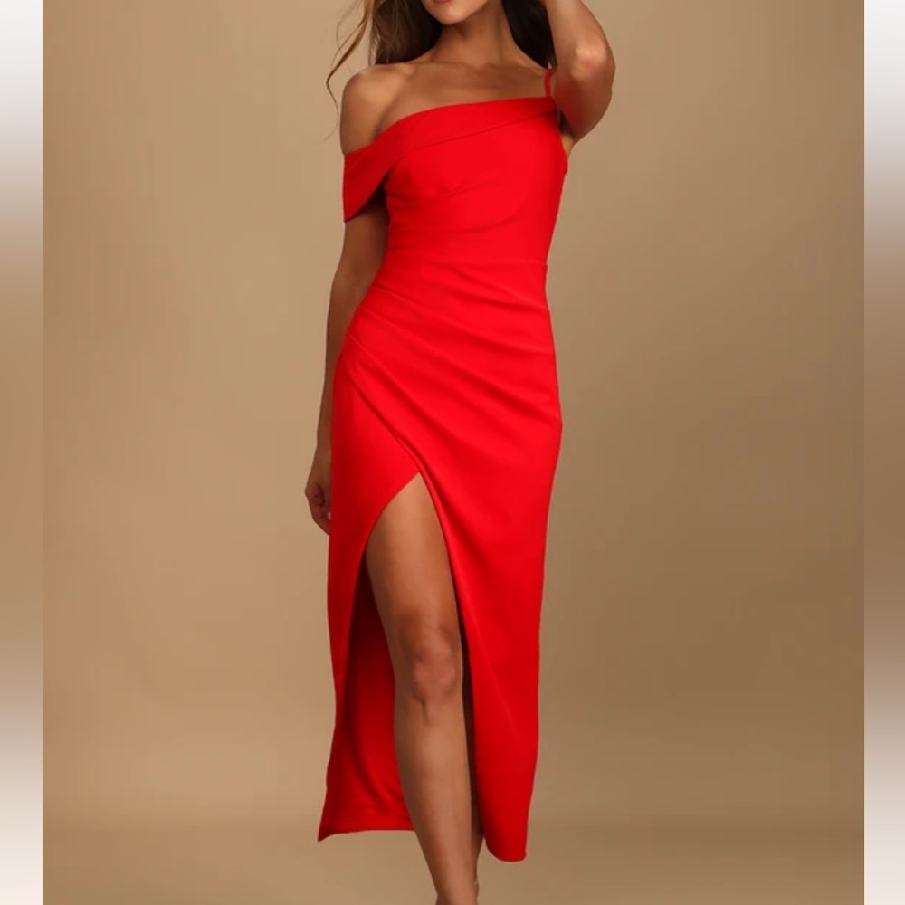 Little Red Asymmetrical Tulip Midi Dress